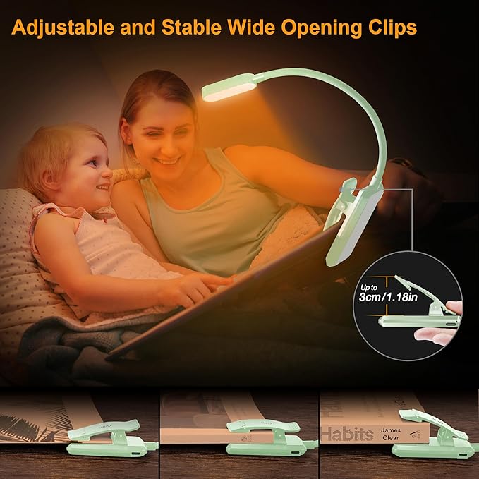 Gritin 16 LED Rechargeable Book Light for Reading in Bed- Eye Caring 3 Color Temperatures, Stepless Dimming Brightness, 80 Hrs Runtime, Lightweight Flexible Clip on Light for Book Lovers-Cyan