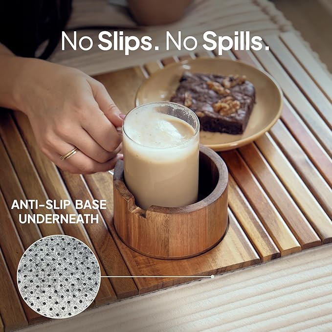 Acacia Couch Arm Tray for Drinks and Snacks with Detachable Cup Holder, Anti Slip Base and Foldable Design, Wooden Sofa Arm Tray for Convenient Couch Side Use