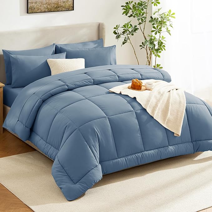 CozyLux Oversized Queen Comforter Sets Dusty Blue, 7 Pieces Bed in a Bag, Ultra-Soft All Season Bedding Sets with Stitch Quilted Comforter, Flat Sheet, Fitted Sheet, Pillowcases, Grayish Blue
