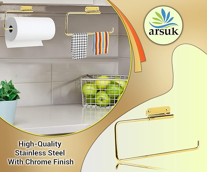 ARSUK Stainless Steel Paper Towel Holder – Wall Mounted or Under Cabinet – Rustproof Kitchen Roll Organizer for RV, Bathroom, Garage – Screws Included – 11.4 x 4.7 inch (Brass)