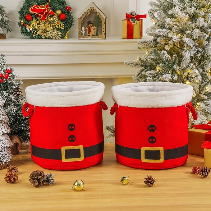 Christmas Bucket Xmas Buckets Red Santa Belt Round Basket with Handles, Christmas Game Ornaments Storage Tins Gift Basket Empty Decorative Kitchen Candy Bars for Xmas Winter Holidays Party Favors