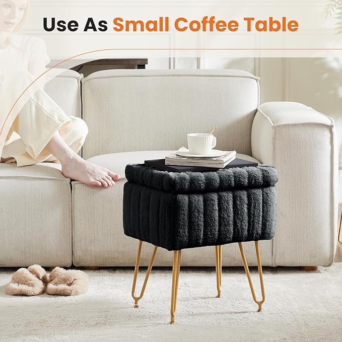 DUMOS Vanity Stool Chair, Ottoman with Storage, Makeup Cute Soft Small Footstool, Modern Style Faux Fur Seat with 4 Metal Legs & Adjustable Feet for Dressing, Living Room, Bedroom, Dorm, Black