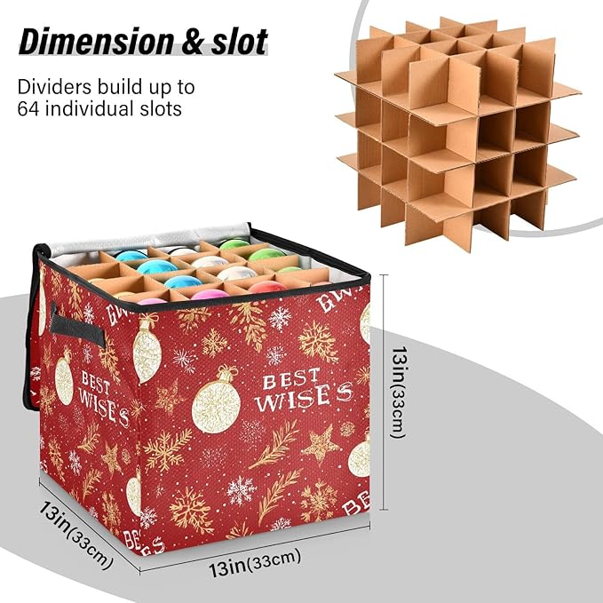 Red Snowflake Christmas Ornament Storage Basket Box Winter Xmas Holiday Storage Container Cube with Adjustable Dividers for 64 Holiday Ornaments or Decorations Keeps Clean and Dry for Next Season