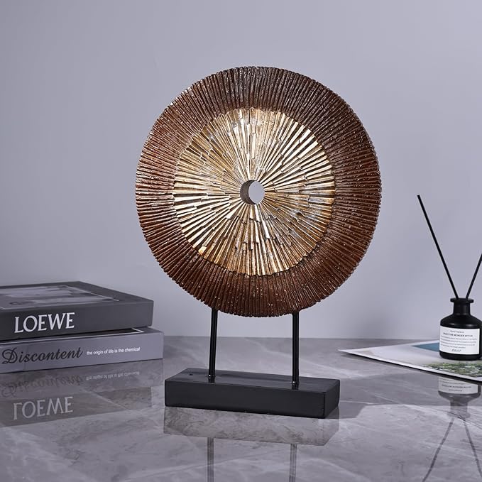 12" Tall Abstract Brown Gold Round Sculpture - Unique Wood Color Home Decoration for Above Cupboard Decor, Living Room Coffee Table, Console, Office, Entrance, Table Centerpieces (Brown Gold)