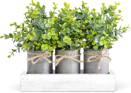 Dahey Decorative Galvanized Metal Pots Centerpiece Decor Wood Tray with Artificial Plant, 3 Buckets with Eucalyptus, Rustic Farmhouse Home Decor for Coffee Table Dining Living Room Kitchen Bath, White