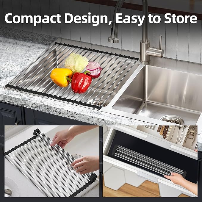 Roll Up Dish Drying Rack, Over Sink Dish Drying Rack, 17" L x 11.8" W, Black