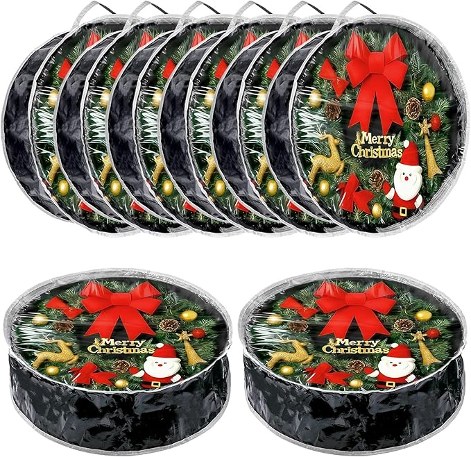 Dunzy 8 Pieces Wreath Container Christmas Wreath Storage Bag Garland Tear Resistant Fabric Round Boxes with Clear Window for Storage for Xmas Holiday Ornament(24×24×7.8 Inch,Black)