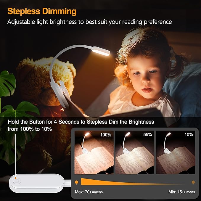 Gritin 16 LED Rechargeable Book Light for Reading in Bed- Eye Caring 3 Color Temperatures, Stepless Dimming Brightness, 80 Hrs Runtime, Lightweight Flexible Clip on Light for Book Lovers-White