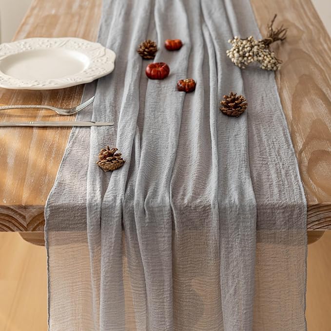 Keketoarrange 3pcs Dusty Blue Gauze Rustic Cheesecloth Table Runner 120 Inch 10 FT for Wedding Baby Shower Bridal Shower Birthday Engagement Garden Outdoor Party Long Sheer Boho Decorations