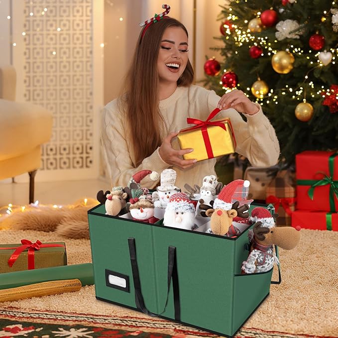 VoMii Large Christmas Figurine Storage Box & Nutcracker Storage Container Up To 8 Holiday Figurines,ornament Decor Organizer Storage Box ,15-Inch Green