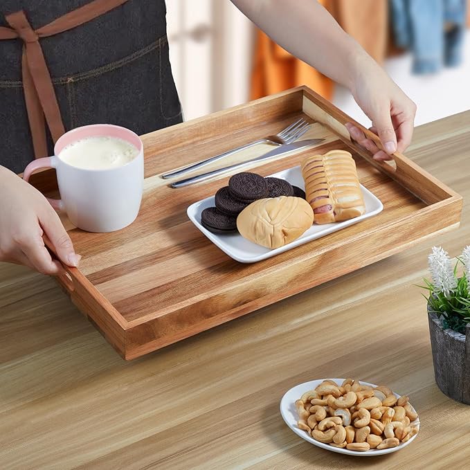 2 Pack Acacia Wood Serving Tray with Handles - 17 Inch Large Wooden Tray for Ottoman, Breakfast in Bed, Dinner, Coffee Table