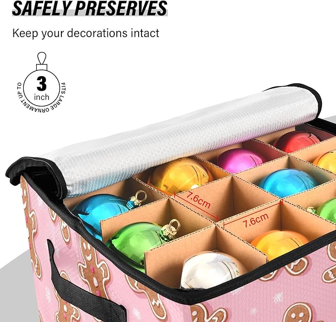 Pink Gingerbread Man Christmas Ornament Storage Basket Box Winter Xmas Holiday Storage Container Cube with Adjustable Dividers for 64 Holiday Ornaments or Decorations Keeps Clean and Dry