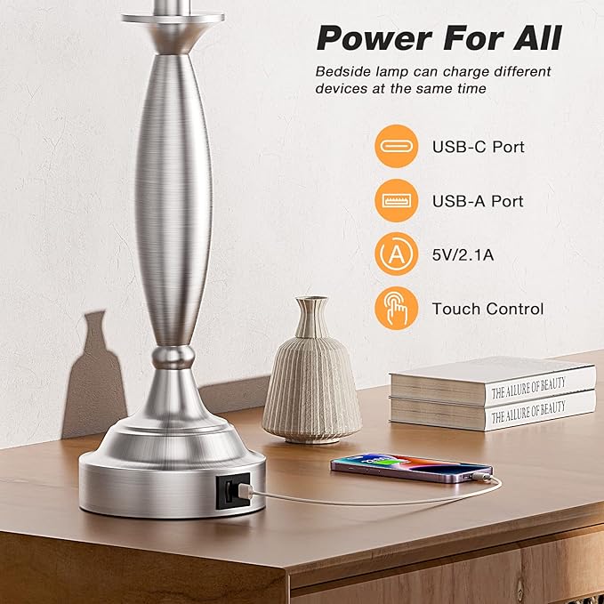 Seealle Beige Lamps for Bedrooms Set of 2 - Touch Control Bedside Lamp with USB C+A, 3 Way Dimmable Nightstand Lamps with USB Port, Table Lamp for Living Room(Beige Shade and Nickel Base)