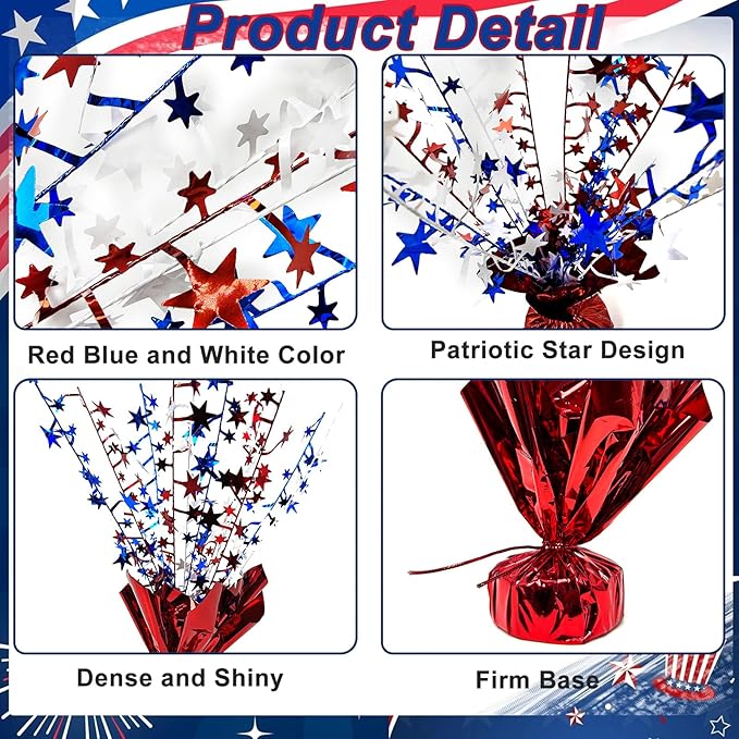 FUBININA 6 Pack 4th of July Table Centerpiece Decoration Metallic Foil Spray Star Burst Patriotic Decor 250th Anniversary Independence Day Labor Veteran Memorial Day Party Supplies, Red White and Blue