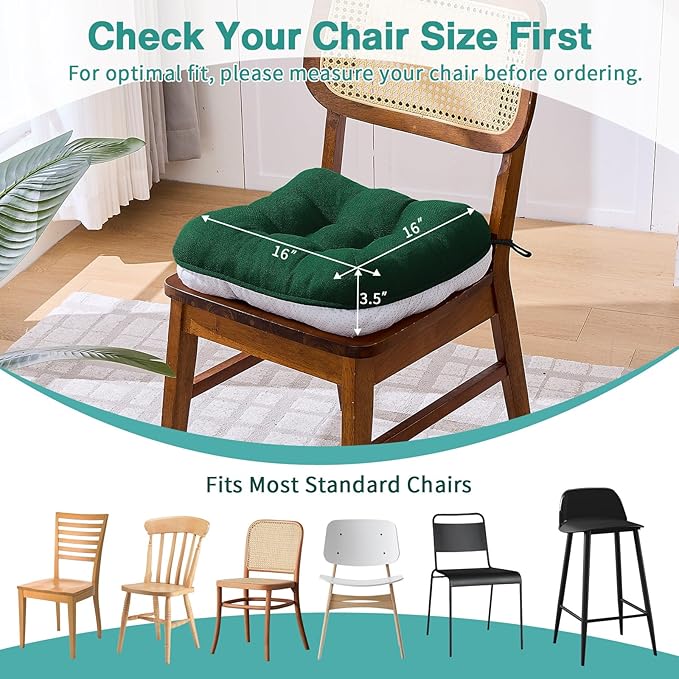 BETU Chair Cushions for Dining Chairs Set of 6,3.5" Thick Kitchen Table Chair Pads with Ties,Non Slip Backing and Covers, Seat Cushion for Dining Room,Bar,Patio Chairs,16"X16"X3.5",Dark Green