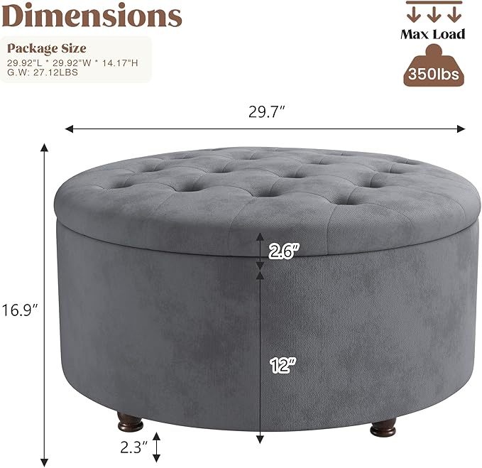 30 Inch Round Storage Ottoman,Modern Tufted Ottomans,Circular Coffee Table with Removable Top,Upholstered Large Ottoman with Storage Footrest Stool for Bedroom Living Room (Grey)
