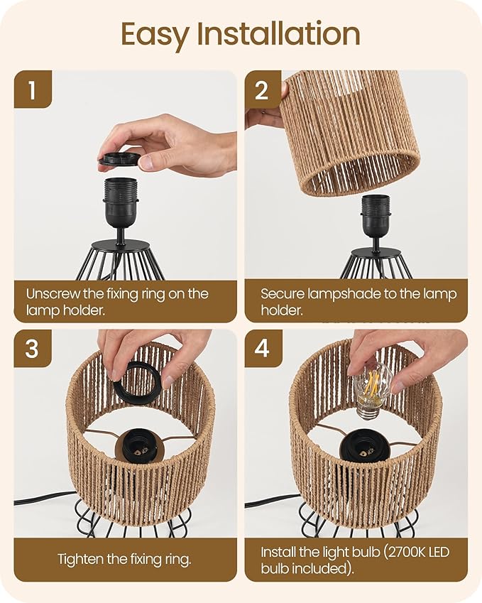 Rattan Table Lamp, Boho Table Lamp, Small Bedside Lamp, Handwoven Paper Lampshade, 2700K LED Bulb Included, Boho Desk Lamp, Modern Nightstand Lamp for Bedroom, Living Room, Striped SW06TL05