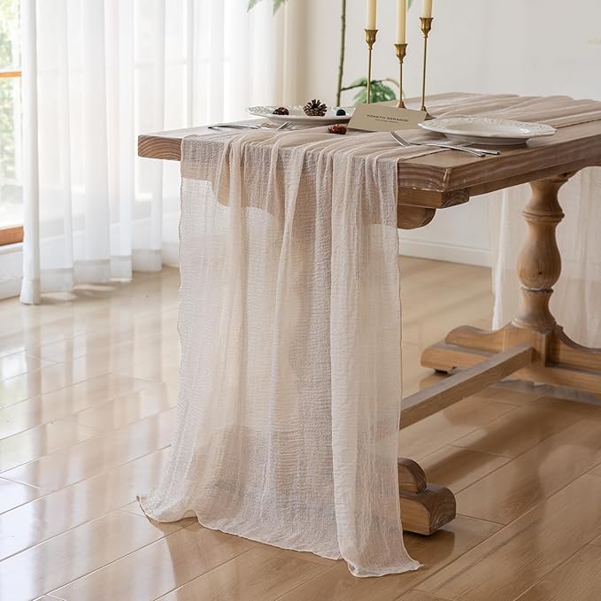 Keketoarrange 10pcs Beige Cheesecloth Table Runner Gauze Rustic 120 Inch 10 FT for Wedding Baby Shower Bridal Shower Birthday Engagement Garden Party Long Sheer Boho Spring Easter Home Decorations