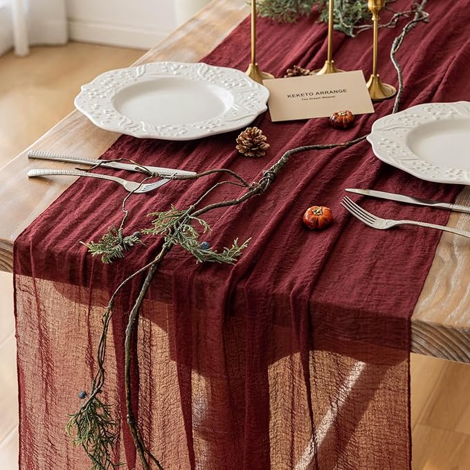 Keketoarrange Burgundy Table Runner Red Table Runner Cheesecloth Gauze 120 Inch 10 FT Rustic Boho Cheese Cloth Runner for Wedding Baby Bridal Shower Party Long Sheer Spring Home Decorations