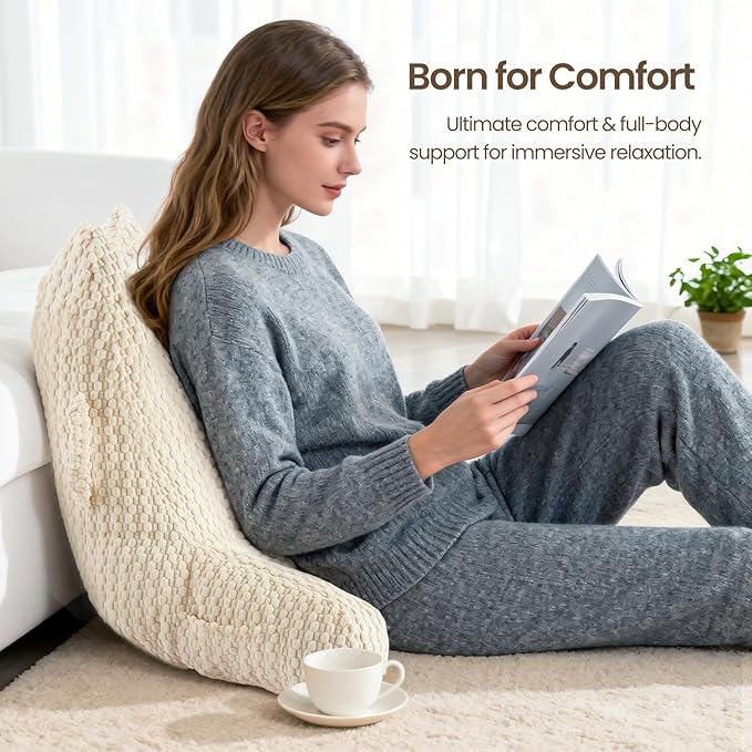 Reading Pillow for Bed Sitting Up, Backrest Pillow with Shredded Memory Foam Filling, Back Support Cushion, Bed Rest Pillow with Arms, Pockets and Washable Cover-Beige