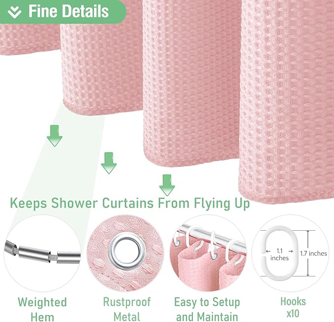 Dynamene Stall Fabric Shower Curtain - 60 x 84 inch Long Waffle Weave Weighted Thick Cloth Shower Curtains for Bathroom, Neutral Heavy Duty Hotel Spa Luxury Bath Curtain Set with 10 Hook, Pink