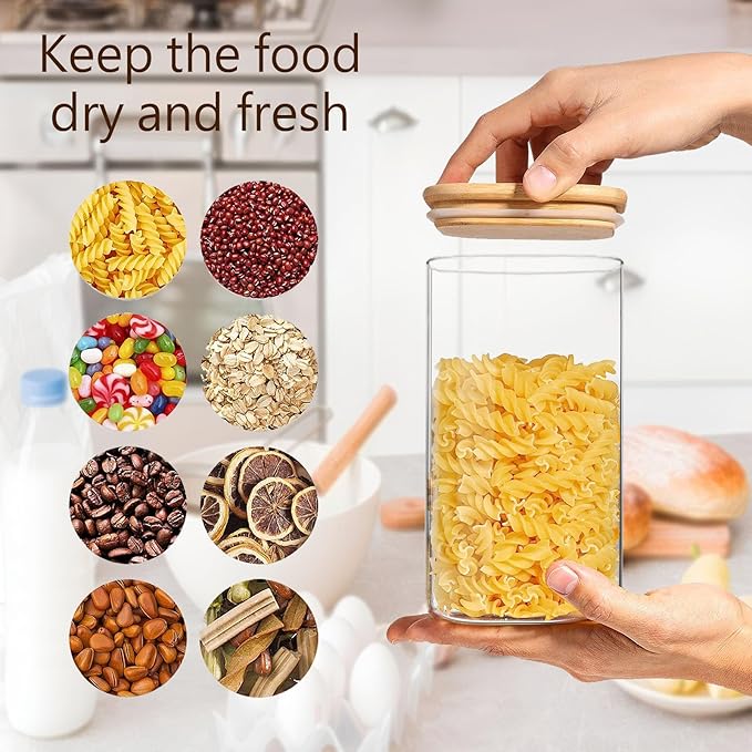 VIEWELLD 1.6 Qt Square Glass Storage Containers with Lids, Clear Food Storage Container Jar with Sealing Bamboo Lid for Noodles Flour Cereal Rice Sugar Tea Coffee Beans,Square Set of 3