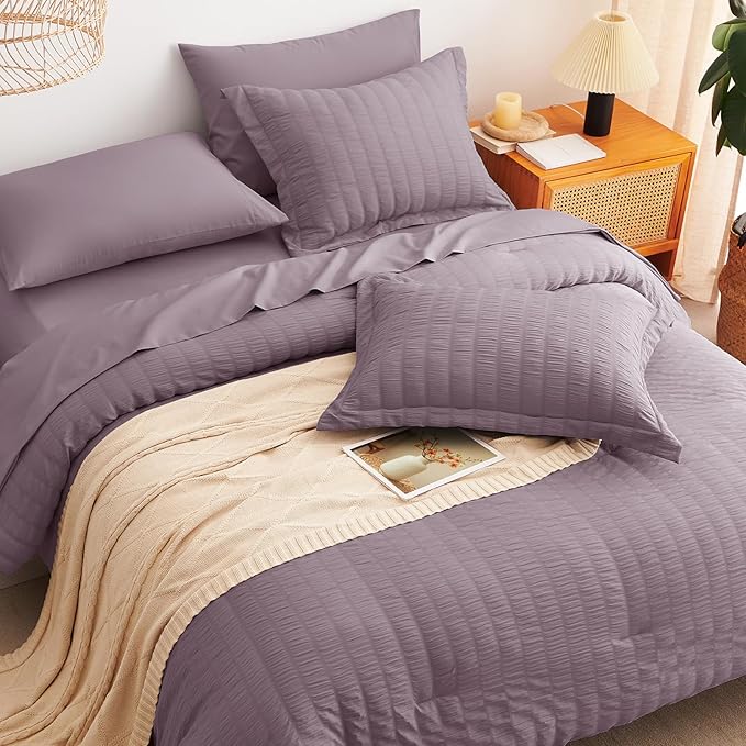 CozyLux King Size Comforter Set Dusty Purple Seersucker 7 Pieces Bed in a Bag King Comforter Set with Sheets, Grayish Purple Luxury Bedding Set Down Alternative Comforter, Sheets, Pillowcases & Shams