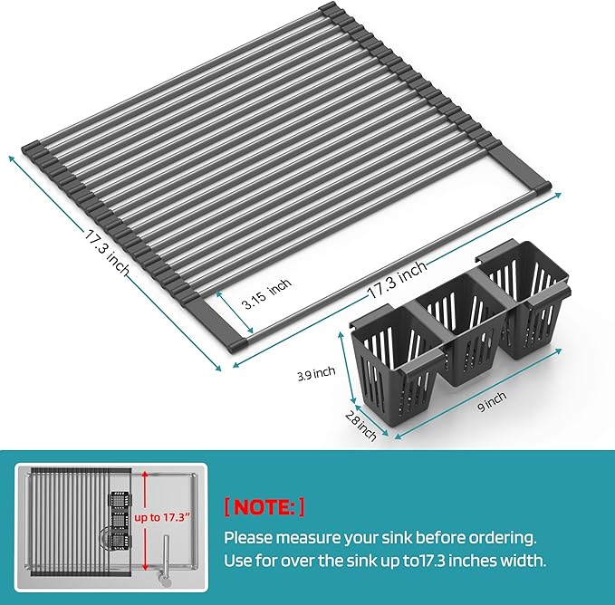 Roll Up Dish Drying Rack, Silicone Wrapped Over The Sink Multipurpose Foldable Dish Drainer Anti-Slip Dish Racks for Kitchen Counter, Sink Drying Rack Cover with Utensil Holder (Black, 17.3" x 17.6")