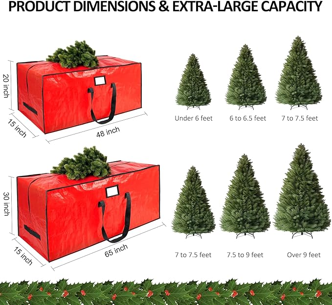 9 ft Christmas Tree Storage Bag, Fits Extra Large Artificial Holiday Xmas Tree, Waterproof Material with Durable Reinforced Handles & Dual Zippers, Protects From Dust and Moisture, Red