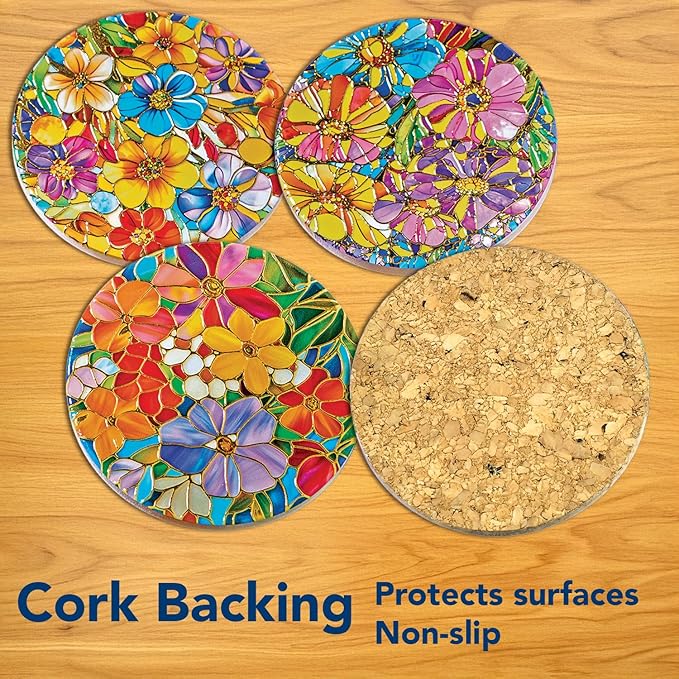 Bits and Pieces Set of 4 Drink Coasters Stained Glass Look Ceramic Coasters with Cork Backing, Bright Flowers with Gold Accents - 3 1/2" Floral Coaster Set