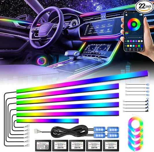 Acrylic Interior Car Light, AMKI Car LED Strip Light with APP Sub Control, Car Accessories Fiber Optic Car Ambient Light Kit with RGB Dreamcolor 22 in 1 and 175 inches 593 LEDs 213 DIY and Music Modes