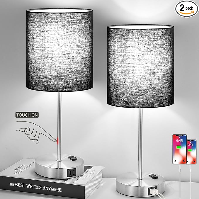 Lynnoland Set of 2 Touch Control Table Lamps with 2 USB & AC Outlet, 3-Way Dimmable Bedside Nightstand Lamps for Bedroom Living Room Nursery, 800 Lumens 5000K Daylight Bulbs Included