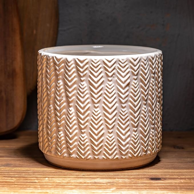 Utensil Holder Rustic Farmhouse Ceramic Utensil Crock for Countertop 5.3-Inch Handcrafted Kitchen Cooking Utensil Crocks with Cork Base Kitchen Decor Utensil Caddy(Pure White)