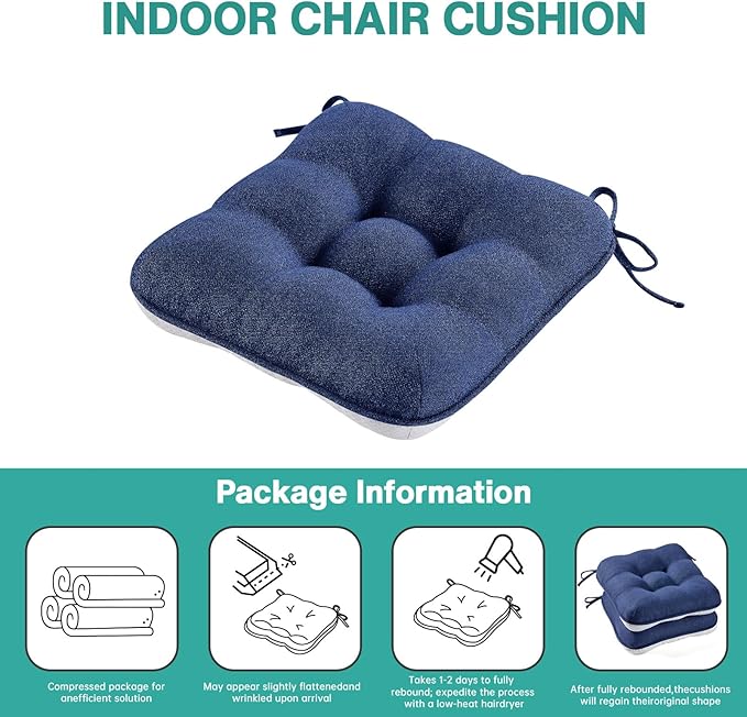 BETU Chair Cushions for Dining Chairs Set of 6,3.5" Thick Kitchen Table Chair Pads with Ties,Non Slip Backing and Covers, Seat Cushion for Dining Room,Bar,Patio Chairs,16"X16"X3.5",Navy Blue