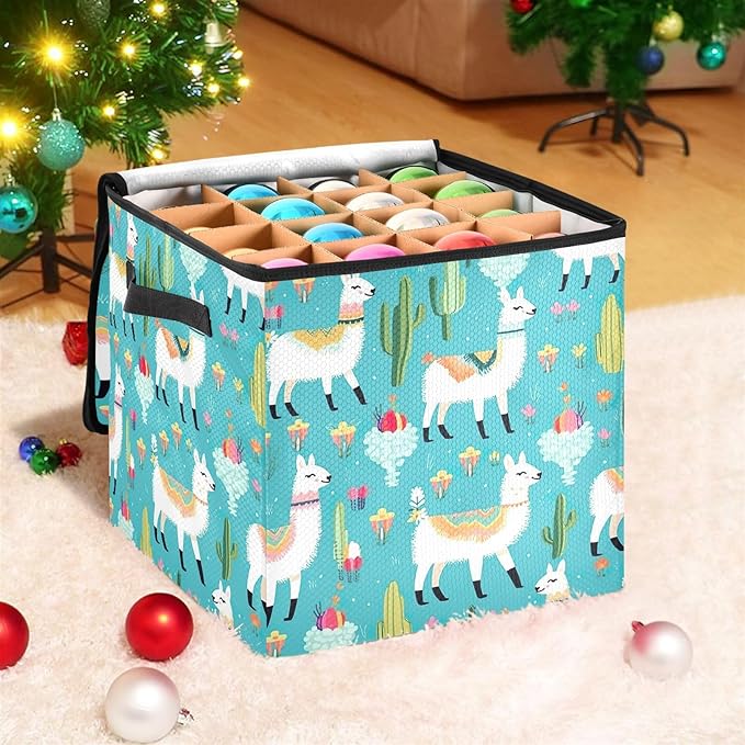Kigai Alpaca Christmas Ornament Storage Box with Zipper & Adjustable Dividers Holiday Ornament Organizer Xmas Storage Container, 64 Balls