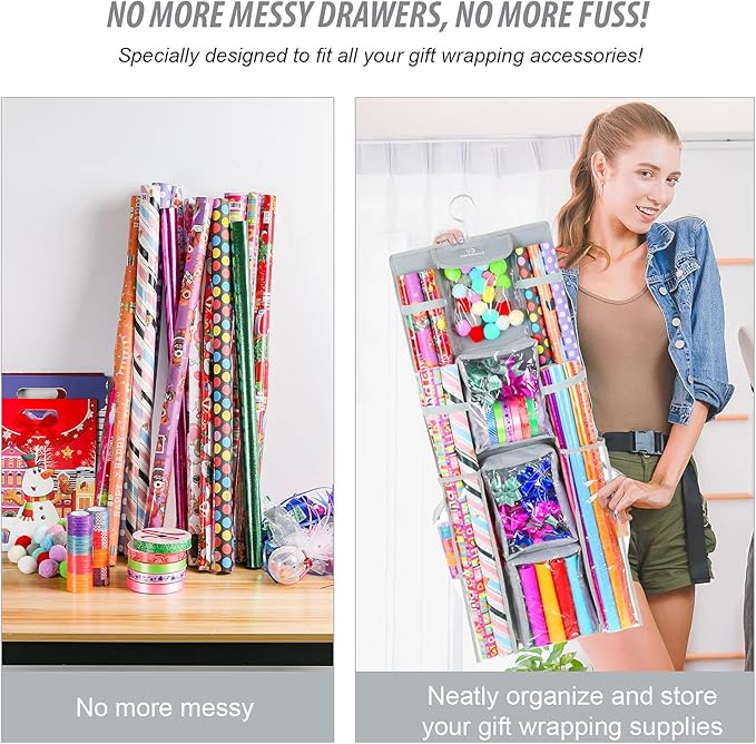 Freegrace Double-Sided Hanging Gift Wrap Organizer - Large 16 x 41 Inch Wrapping Paper Storage Bag - Tearproof 600D Oxford Closet Gift Bag & Ribbon Organization Storage Caddy, Gray