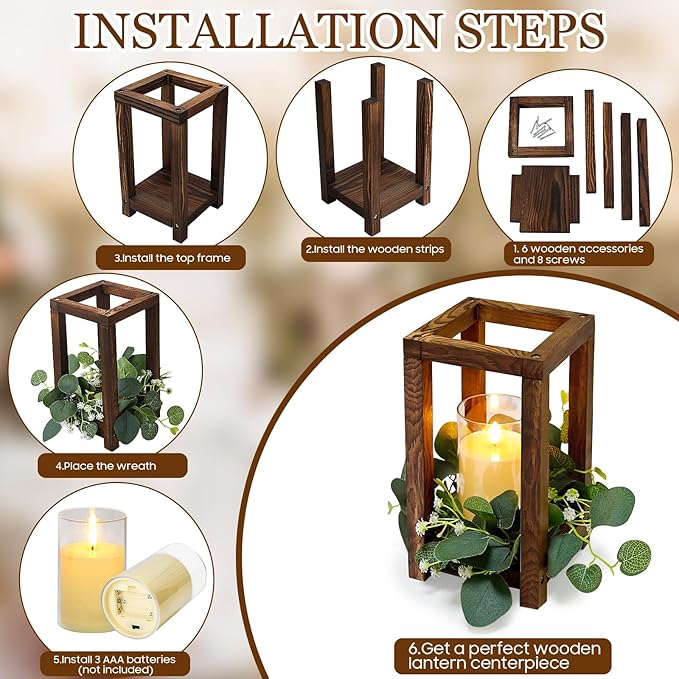 18 Pcs Wooden Lantern Centerpiece - Wedding Lantern with Eucalyptus Candles Wreaths LED Flameless Candles Rustic for Country Wedding Party Farmhouse Table Decor