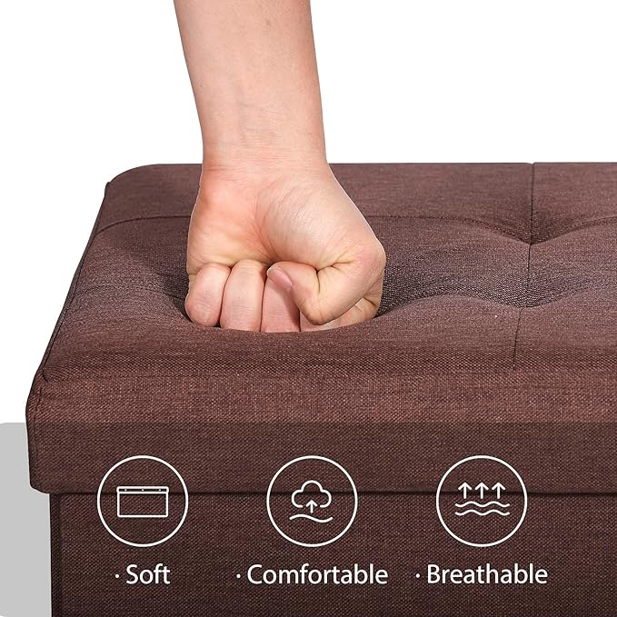 SUPER DEAL 43 Inches Folding Storage Ottoman Bench, Linen Footrest with Divider Foam Padded Seat Long Storage Chest Box for Living Room Bedroom Entryway, 660 lbs Capacity 15" x 43" x 15" Brown