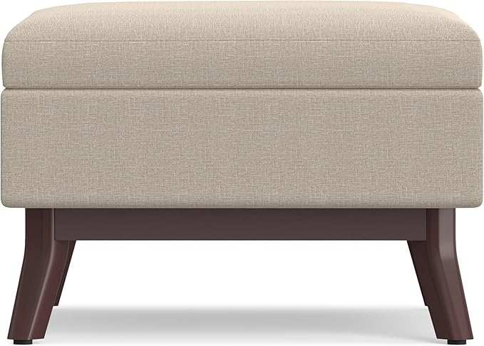 SIMPLIHOME Owen Coffee Table Storage Ottoman - 34" Wide x 19" High Upholstered Linen Look Fabric Rectangular Lift-Top Ottoman in Natural, Mid-Century Modern Bench for Living Room with Tapered Legs