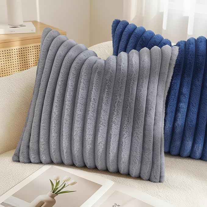 decorUhome Cozy Faux Fur Throw Pillow Covers 26x26 Set of 2 Decorative Soft Plush Striped Modern Farmhouse Boho Couch Euro Sham Pillow Cases with Velvet Back for Sofa Bed Living Room, Grey