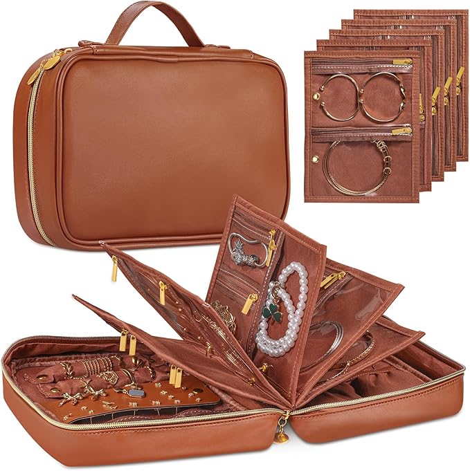 Leather Travel Jewelry Case Organizer,Jewelry Storage Book Binder with Clear Zipper Pouch & Lining-Portable Jewelry Bag for Earrings,Rings,Necklaces,Bracelets (Brown)