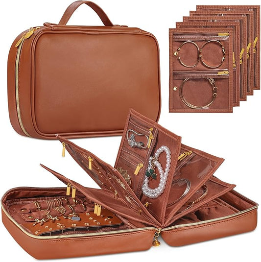 Leather Travel Jewelry Case Organizer,Jewelry Storage Book Binder with Clear Zipper Pouch & Lining-Portable Jewelry Bag for Earrings,Rings,Necklaces,Bracelets (Brown)