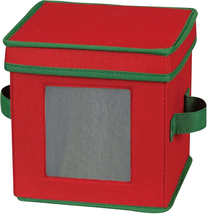 Household Essentials 530RED Holiday China Storage Chest with Lid and Handles | Storage Bin for Small Saucer Plates | Red Canvas with Green Trim