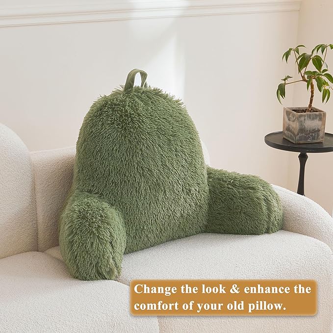 XeGe Faux Fur Reading Pillow Cover (No Filler), Fluffy Back Rest Pillow Case for Bed Sitting Up, Adults Kids Shaggy Sit Up Back Support Pillow Cover with Arms Couch Chair Home Decoration, Sage Green
