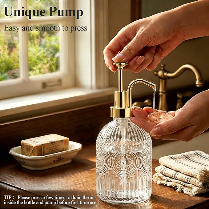 SheeChung 12Oz Vintage Glass Bathroom Soap Dispenser, Kitchen Dish Soap Dispenser with Pump, Refillable Liquid Hand Soap Bottle, Lotion, Antique Rustic Farmhouse Decor (Clear-Gold Pump, 1 Pack)