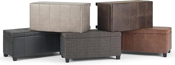 SIMPLIHOME Dover Storage Ottoman Bench - 36 inch Wide Upholstered Vegan Leather Rectangular Lift-Top Ottoman in Distressed Brown, Contemporary Bench for Living Room with Safety Hinges