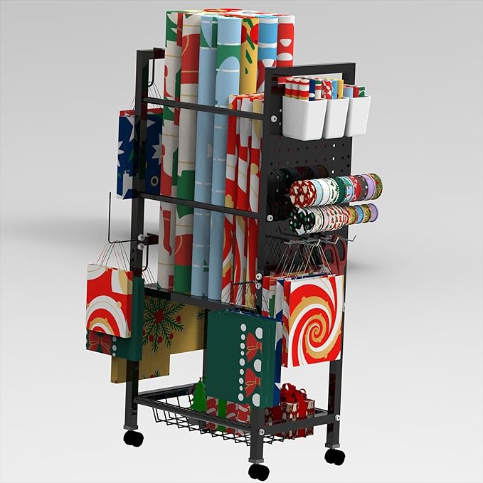 Rolling Wrapping Paper Organizer Cart with Pegboard & Storage Baskets, Gift Wrap Station with Hooks, Holders, Wheels & Containers for Ribbons, Bags, Craft Supplies Gift Wrapping Station
