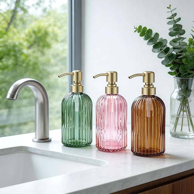 16 OZ Pink Glass Soap Dispenser,Clear Pink Stripe Bathroom Hand Soap Dispensers with Stainless Steel Gold Pump, Pink Kitchen Hand Soap Dispenser with Brushed Gold Pump