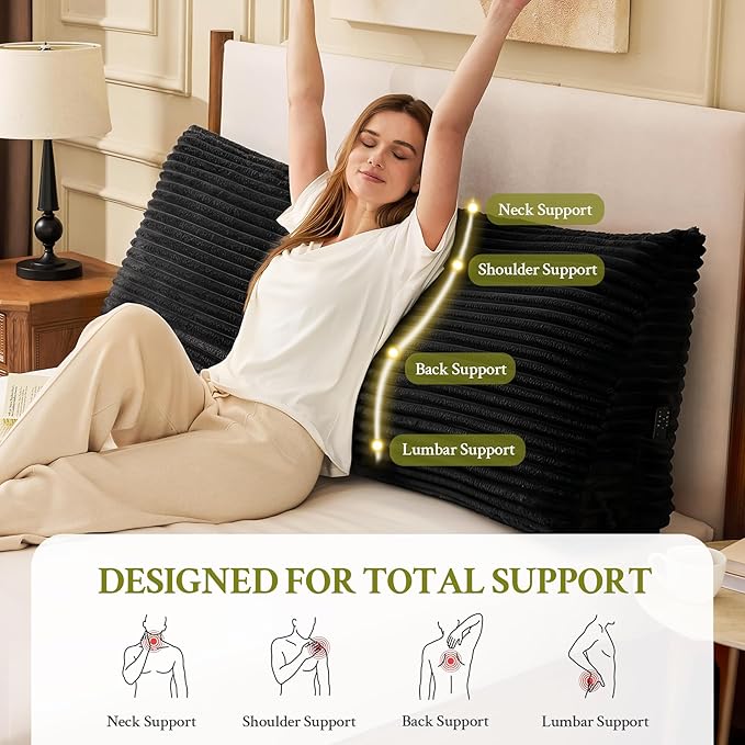 Headboard Pillow Queen, Headboard Wedge Pillow, Back Rest Pillows for Sitting, Reading, Working, Triangle Pillow with Removable Cover, Daybed Pillows for Bed Dorm Sofa, Black