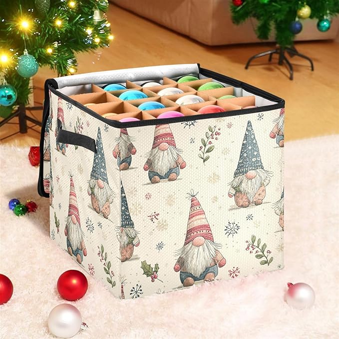 Christmas Gnomes Ornament Storage Basket Box Santa Claus Bells Winter Holiday Storage Container Cube with Adjustable Dividers for 64 Holiday Ornaments or Decorations Keep Clean and Dry for Next Season